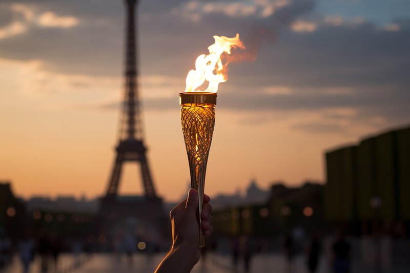 Olympic torch held aloft in front of the Eiffel Tower at dusk